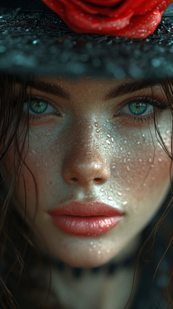 Close-up portrait of a beautiful young woman in a black hatの素材