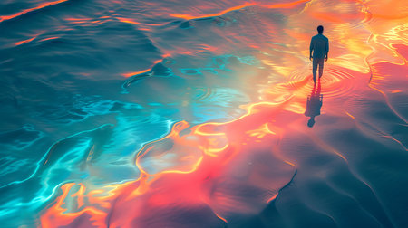 a man walks along the beach, the sun is reflected in the water.の素材