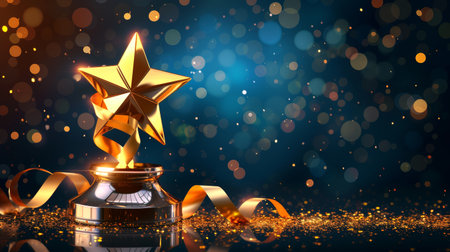 Trophy gold star on podium with ribbon elements and glitter light effects decorations and bokeh.の素材