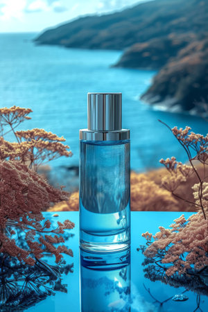Skin care products bottle against the backdrop of nature.の素材