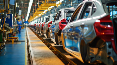 Mass production assembly line of modern cars in a busy factory.の素材