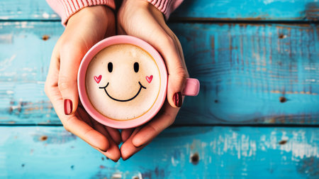 Hands holding a pink coffee cup with happy face.の素材
