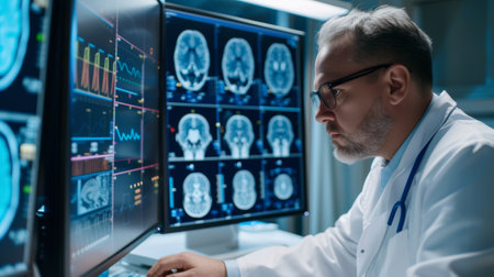 Neurologist doctor studying brain tests on a monitor at hospital.の素材