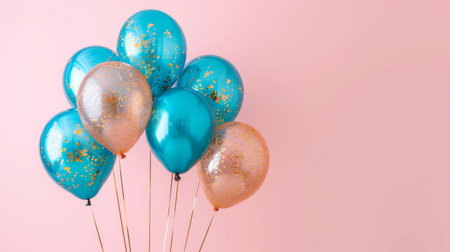 Blue gold foil balloons on a pastel pink background card with copy space.の素材