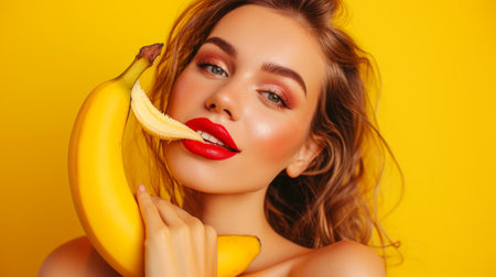 model woman with red lips make-up taking a bite from yellow banana.の素材