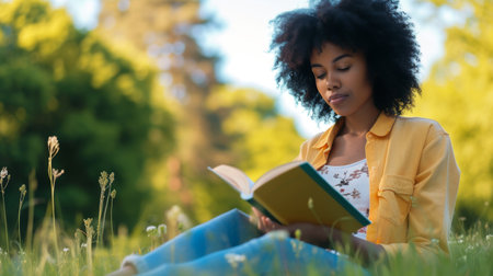 Black afro American businesswoman enjoying a leisurely weekend afternoon at a local park reading a book.の素材