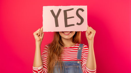 Yes concept image with a happy smiling girl holding a sign with written word yes for agreement or agree answer.の素材