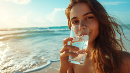 Hydration concept image with young beautiful girl drinking a glass of water.の素材