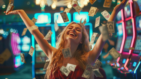 Girl wins the casino jackpot or lottery with money all around the woman and gambling machines background.の素材