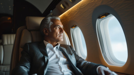 Rich billionaire mature man on a seat of his private jet looking through the plane window.の素材
