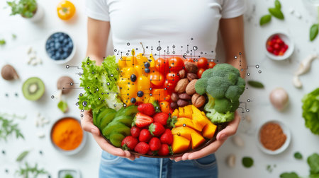 Concept of weight loss and healthy eating. Girl holding vegetables and herbs.の素材