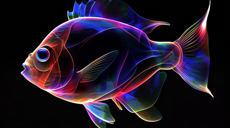 A colorful surreal translucent fish on a black background.の素材