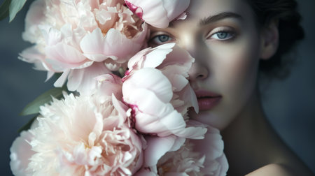 Close up portrait of a young girl with peonies.の素材