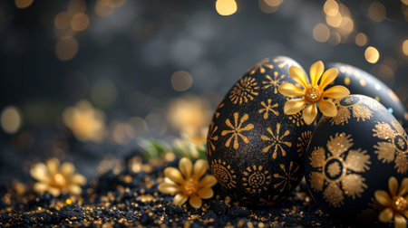 Easter eggs painted in black and gold colors with flowers on a dark background.の素材