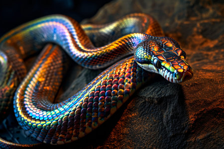 A sleek rainbow snake slithers across a smooth, dark stone surface.の素材