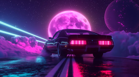 Car on the road in the moonlight.の素材