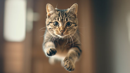 a cat is flying through the air and looking at the camera.の素材