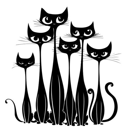 Illustrated black Felidae group with whiskers on white backgroundのイラスト素材