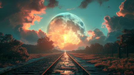 A train track stretching across a tranquil landscape with a full moon illuminating the sky, creating a mystical atmosphere in the natural world under the soft lighting of the moonの素材