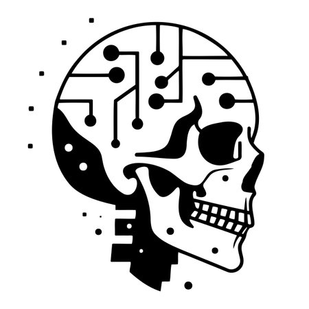 a black and white drawing of a skull with a circuit board inside of itのイラスト素材