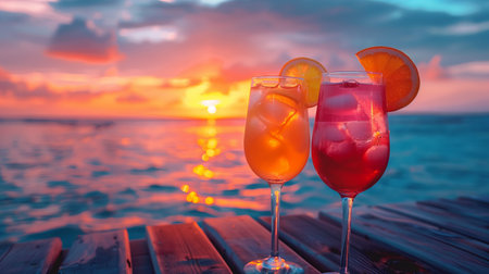 Cocktails on the beach at sunset. Colorful summer backgroundの素材