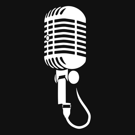 A white microphone is positioned against a black background, showcased prominently. It stands out as a key element in the displayのイラスト素材