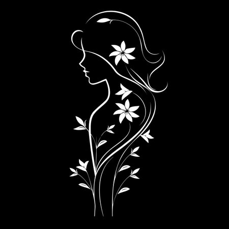 The illustration features a woman in black and white with flowers emerging from her chest. It is a creative portrayal combining artistry and nature elementsのイラスト素材