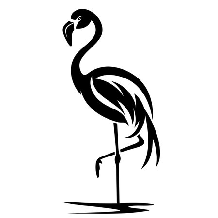 The image depicts a black and white drawing of a flamingo standing gracefully on a pole, highlighting the birds elegant neck, beak, and feathered bodyのイラスト素材