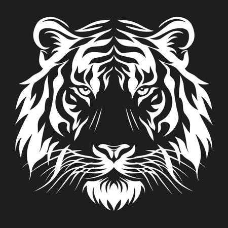 A detailed black and white illustration depicting the face of a tiger, showing its fur, head structure, carnivorous features, and whiskers with artistic portrayal of a terrestrial feline animalのイラスト素材