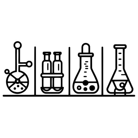 A monochrome illustration featuring a row of chemical flasks arranged neatly on a tabletop surface, capturing a minimalist yet detailed compositionのイラスト素材