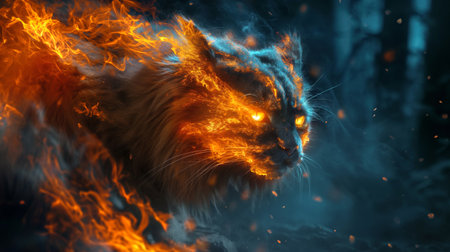 In a dark forest, flames surround a cat. This atmospheric scene combines fire, heat, and an artistic representation of a natural disasterの素材