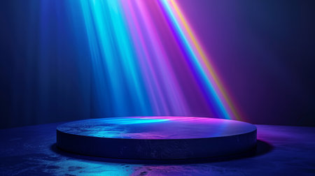 A vibrant neon spotlight illuminates an empty stage, creating a striking visual effect. Ideal for entertainment, performance, and event promotion themes.の素材