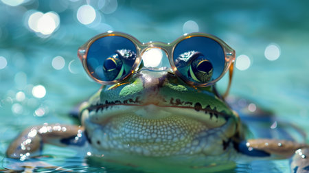 Frog Wearing SunglasseHumorous image of a frog wearing sunglasses while floating in a pool, representing a fun and relaxed summer vibe.s in Summer Poolの素材