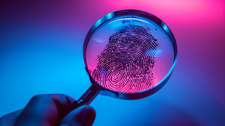 A magnified fingerprint under neon lights, creating a modern and futuristic atmosphere for biometric and forensic themes.の素材