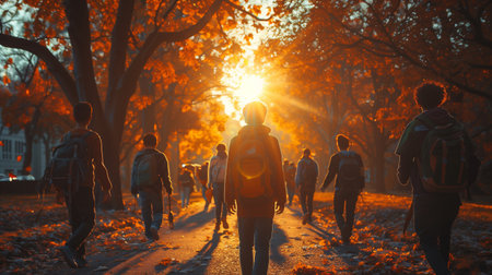 A group of students walking to school on a beautiful autumn morning with sunlight filtering through the treesの素材