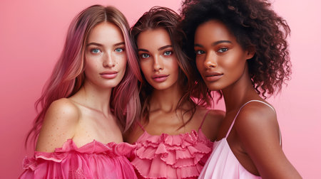 A stylish portrait of three diverse women dressed in pink fashion, showing elegance and beauty.の素材