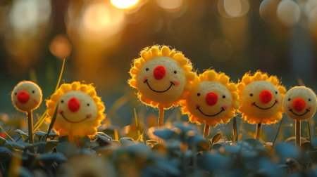 Cute and cheerful sunflower toys basking in the warm sunlight, bringing joy and happiness.の素材