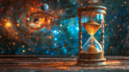 A magical hourglass filled with sparkling sand, set against a stunning galaxy background.の素材