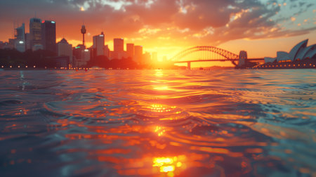 A stunning view of Sydney Harbor at sunset, with the city skyline and bridge illuminated against a vibrant sky.の素材