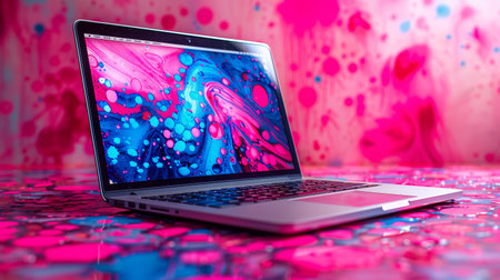 A laptop displaying a colorful abstract design on the screen, set against a matching vibrant background.の素材