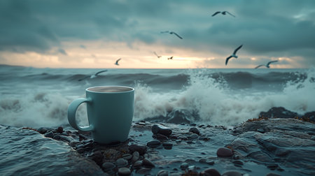 A dramatic beach evening with a coffee mug on the rocky shore, waves crashing under a stormy sky with seagulls flying.の素材
