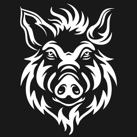 Intense Wild Boar Head Black and White Illustrationのイラスト素材