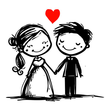 Charming Cartoon Wedding Couple with Heartのイラスト素材