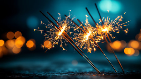 Glowing sparklers illuminate the night, creating a festive and magical atmosphere perfect for celebrations and joyful moments.の素材