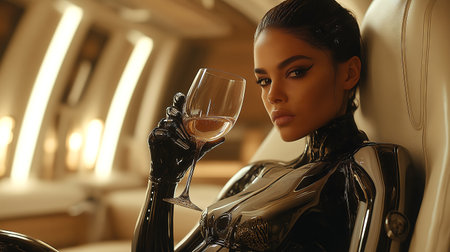 A woman in a sleek robotic suit holds a glass of wine, blending futuristic fashion with luxurious relaxation, embodying a high-tech lifestyle.の素材