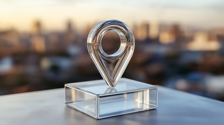 A sleek glass-like 3D location symbol on a soft cityscape background, with a focus on minimalism.の素材