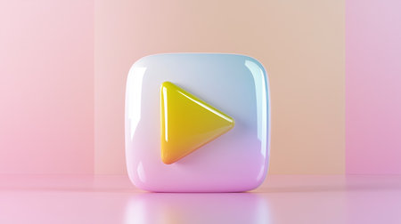 A pastel yellow play button icon on a soft pink background, representing digital media with a playful, modern twist.の素材