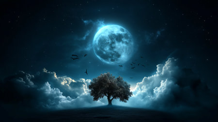 A solitary tree stands under a glowing full moon with birds soaring in the night sky.の素材