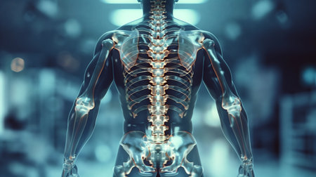 A detailed X-ray view of the human skeleton from the back, showing the spine and upper body bones.の素材