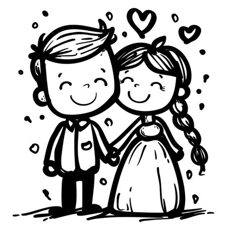 Happy Cartoon Bride and Groom with Heartのイラスト素材